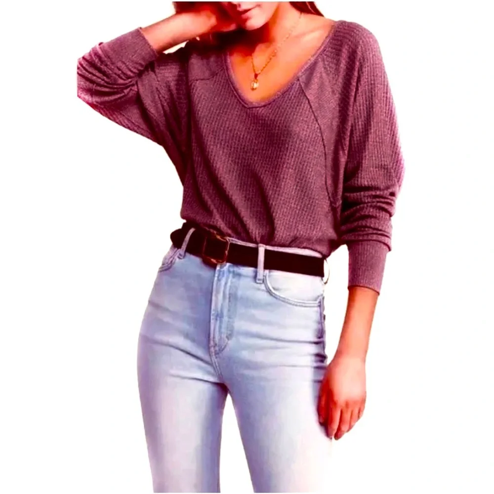 FREE PEOPLE SANTA CLARA THERMAL OVERSIZED TOP MULBERRY V-NECK  PULLOVER … - Picture 11 of 14